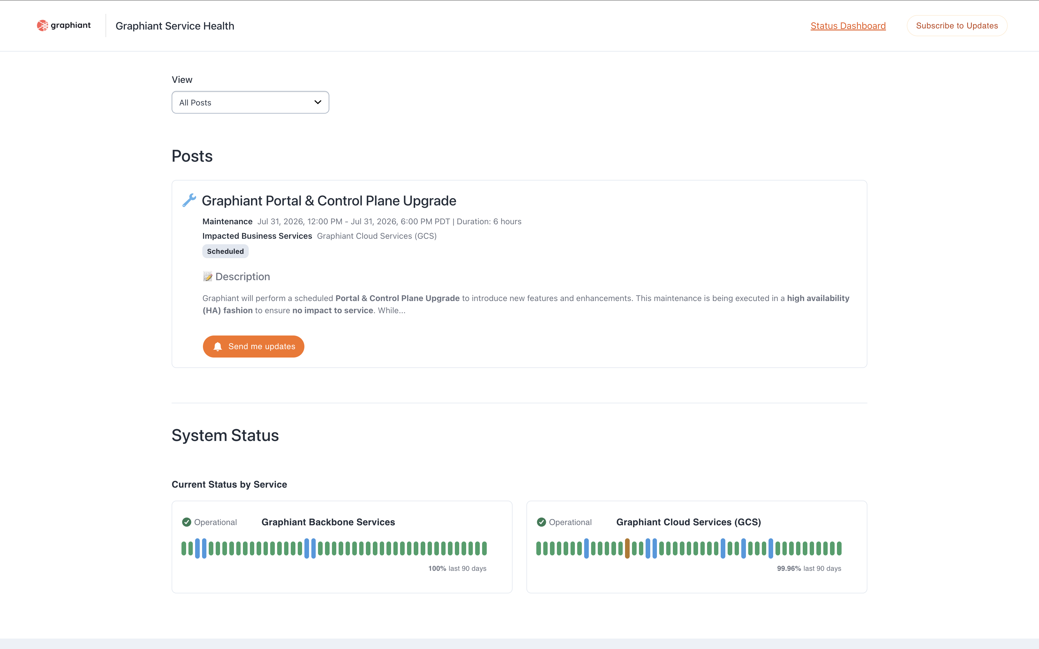 Graphiant service health status showing scheduled maintenance and operational services overview.